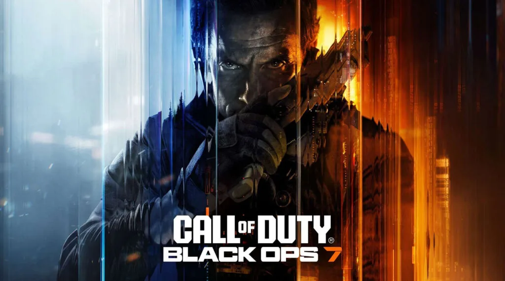 Fondo dividido en tonos azules y naranjas, con un personaje en el centro sosteniendo un arma, relacionado con Call of Duty.