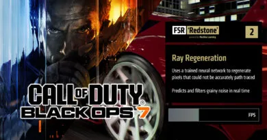 Fondo oscuro con un personaje de acción y un coche rojo; texto sobre Ray Regeneration y FSR Redstone en un diseño moderno.