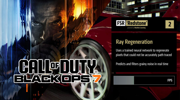 Fondo oscuro con un personaje de acción y un coche rojo; texto sobre Ray Regeneration y FSR Redstone en un diseño moderno.