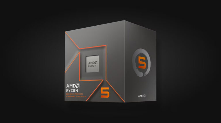 Caja del procesador AMD Ryzen 5 8500G, fondo negro, diseño gris con detalles en naranja, logo de AMD en la esquina inferior derecha.