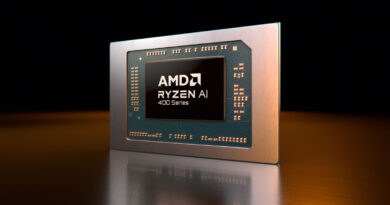 Procesador AMD Ryzen AI, con un diseño metálico y un fondo difuminado, resaltando el nombre y la serie en letras prominentes.