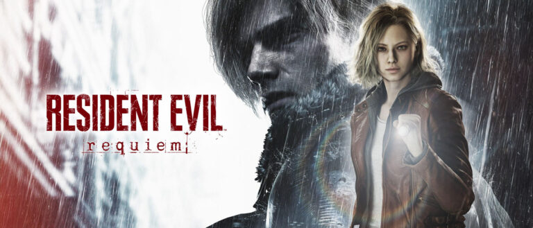 Personajes de Resident Evil: un hombre con cabello claro y una mujer con chaqueta roja, iluminando la escena con una linterna, en un ambiente sombrío.