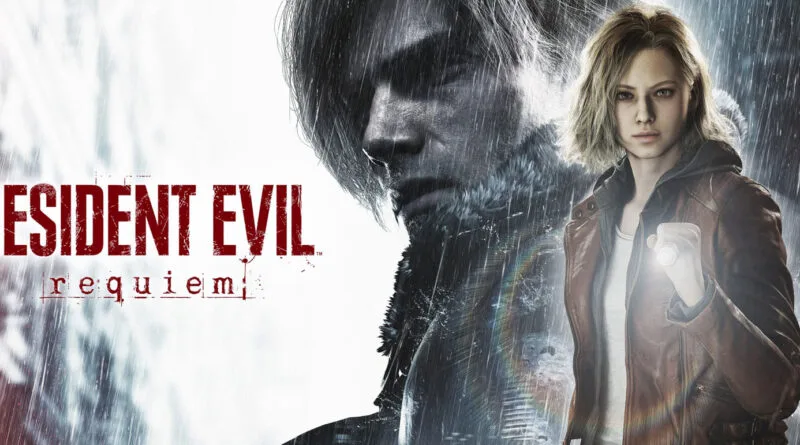 Personajes de Resident Evil: un hombre con cabello claro y una mujer con chaqueta roja, iluminando la escena con una linterna, en un ambiente sombrío.