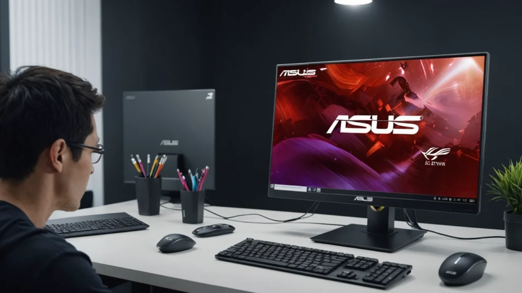 Persona sentada frente a un escritorio moderno, mirando un monitor ASUS con un fondo colorido, junto a un teclado y un ratón.