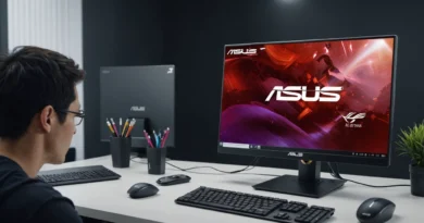 Persona sentada frente a un escritorio moderno, mirando un monitor ASUS con un fondo colorido, junto a un teclado y un ratón.