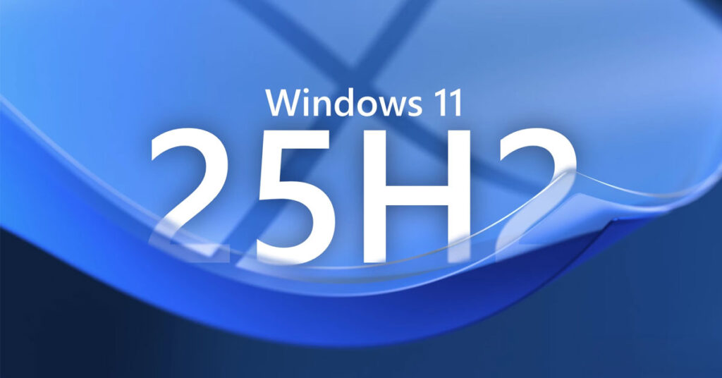 Fondo azul con la palabra "Windows 11" y "25H2" en blanco, resaltando la nueva actualización del sistema operativo.
