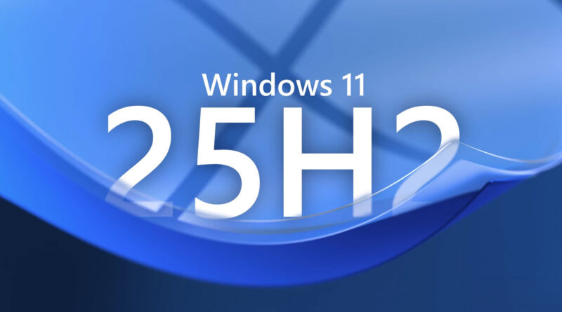 Fondo azul con la palabra "Windows 11" y "25H2" en blanco, resaltando la nueva actualización del sistema operativo.