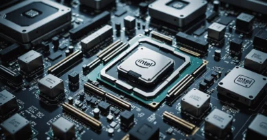 CPU Intel central en una placa base oscura, rodeada de otros circuitos electrónicos y conectores, con un enfoque en los detalles.