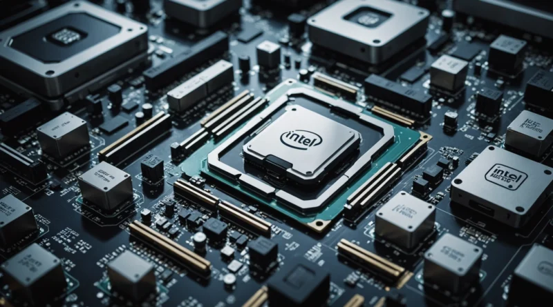 CPU Intel central en una placa base oscura, rodeada de otros circuitos electrónicos y conectores, con un enfoque en los detalles.