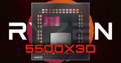 Procesador AMD Ryzen 5 5500X3D frente a un fondo rojo y negro, con circuitos destacados en colores.