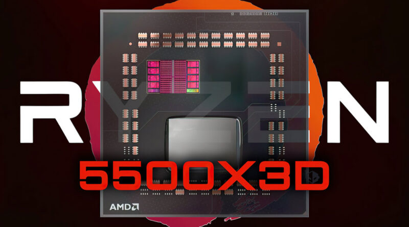 Procesador AMD Ryzen 5 5500X3D frente a un fondo rojo y negro, con circuitos destacados en colores.