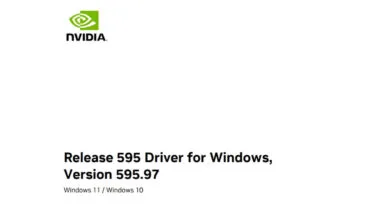 Fondo blanco con texto negro que indica "Release 595 Driver for Windows, Version 595.97" y el logo de NVIDIA en la esquina superior izquierda.