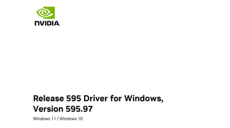 Fondo blanco con texto negro que indica "Release 595 Driver for Windows, Version 595.97" y el logo de NVIDIA en la esquina superior izquierda.