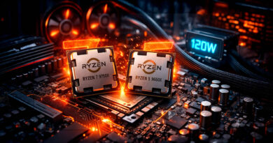 Dos procesadores Ryzen 7 y Ryzen 5 sobre una placa base iluminada, rodeados de circuitos y ventiladores en tonos oscuros y naranjas.