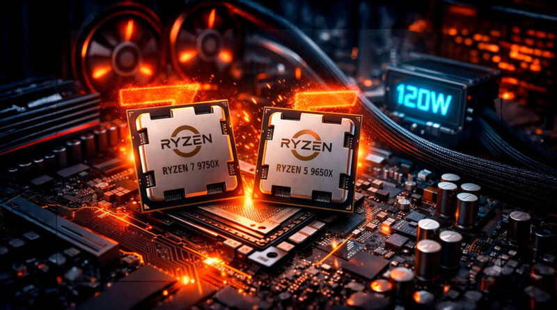 Dos procesadores Ryzen 7 y Ryzen 5 sobre una placa base iluminada, rodeados de circuitos y ventiladores en tonos oscuros y naranjas.