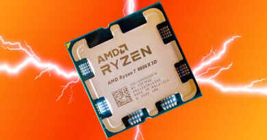 Procesador AMD Ryzen 7 9800X3D sobre fondo naranja con efectos de rayos, resaltando su diseño y detalles técnicos.