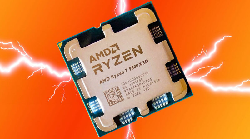 Procesador AMD Ryzen 7 9800X3D sobre fondo naranja con efectos de rayos, resaltando su diseño y detalles técnicos.