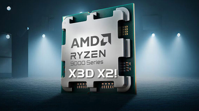 Procesador AMD Ryzen 9 9950X3D2 en un fondo oscuro, iluminado con luces tenues, destacando el logo y la serie X3D.
