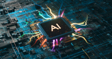 Microprocesador central brillante con la etiqueta "AI", rodeado de circuitos eléctricos coloridos y un fondo tecnológico oscuro.