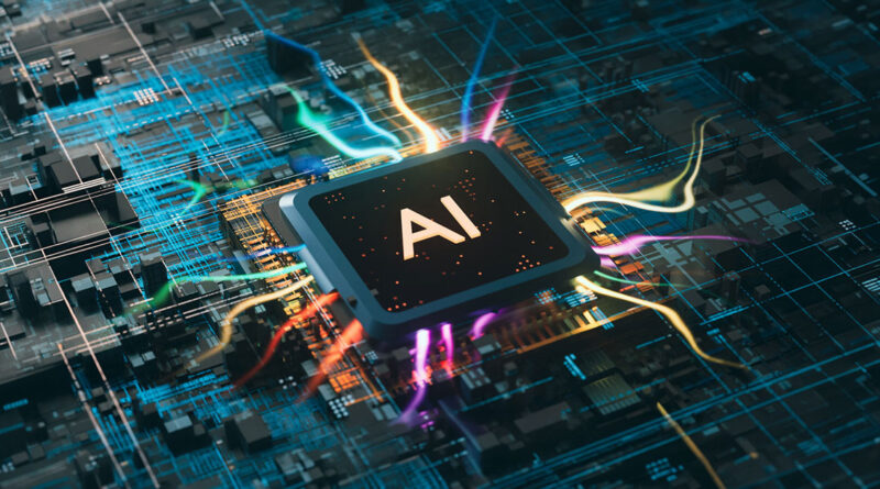 Microprocesador central brillante con la etiqueta "AI", rodeado de circuitos eléctricos coloridos y un fondo tecnológico oscuro.