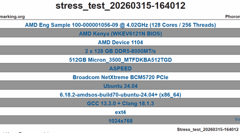 Captura de pantalla de un informe de prueba de rendimiento, mostrando detalles sobre un procesador AMD, esquema de hardware y sistema operativo.
