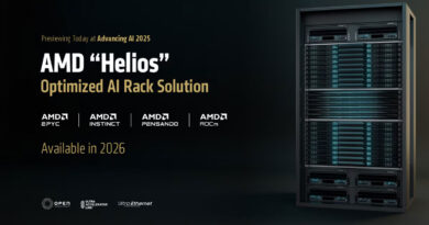 Solución de rack AI optimizada de AMD "Helios", destacando servidores en negro y azul, con texto sobre diseño elegante y moderno.