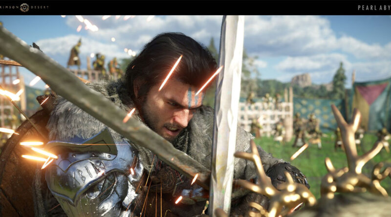 Personaje en acción con espada, destellos y detalles metálicos, fondo de batalla con figuras en un escenario luminoso.