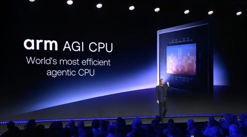 Presentación sobre el CPU AGI de ARM, con gráficos en pantalla que destacan su eficiencia, bajo una iluminación azul. Persona en el escenario.