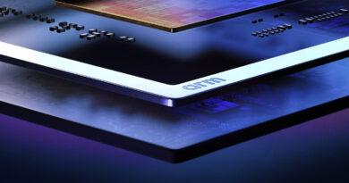 CPU de ARM con múltiples capas, colores oscuros y detalles brillantes, resaltando su diseño técnico y moderno.