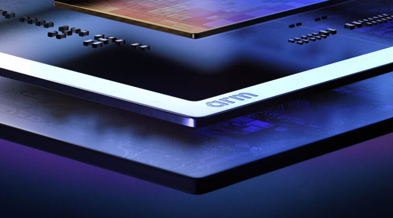 CPU de ARM con múltiples capas, colores oscuros y detalles brillantes, resaltando su diseño técnico y moderno.