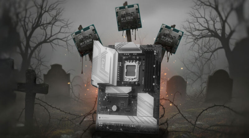 Placa madre blanca y negra en un entorno oscuro, con procesadores Ryzen sobre ella, rodeada de un ambiente lúgubre y tenebroso.