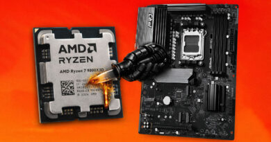 CPU Ryzen 7 9800X3D en primer plano, con una placa base ASRock oscura y una mano que parece verter líquido sobre el procesador. Fondo naranja.