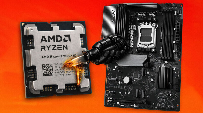 CPU Ryzen 7 9800X3D en primer plano, con una placa base ASRock oscura y una mano que parece verter líquido sobre el procesador. Fondo naranja.