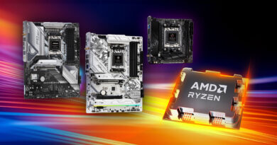 Placas base en colores negro y blanco junto a un procesador AMD Ryzen, sobre un fondo abstracto de colores brillantes.