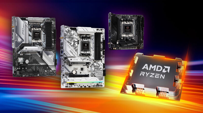 Placas base en colores negro y blanco junto a un procesador AMD Ryzen, sobre un fondo abstracto de colores brillantes.
