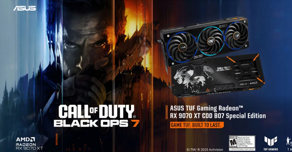 Tarjeta gráfica ASUS TUF Gaming Radeon RX 9070 XT, con ventiladores visibles, sobre un fondo oscuro y vibrante, alusivo a Call of Duty: Black Ops 7.