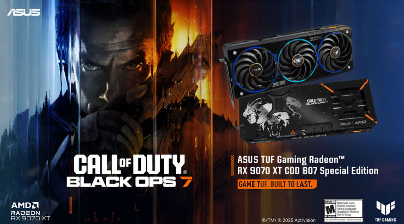 Tarjeta gráfica ASUS TUF Gaming Radeon RX 9070 XT, con ventiladores visibles, sobre un fondo oscuro y vibrante, alusivo a Call of Duty: Black Ops 7.
