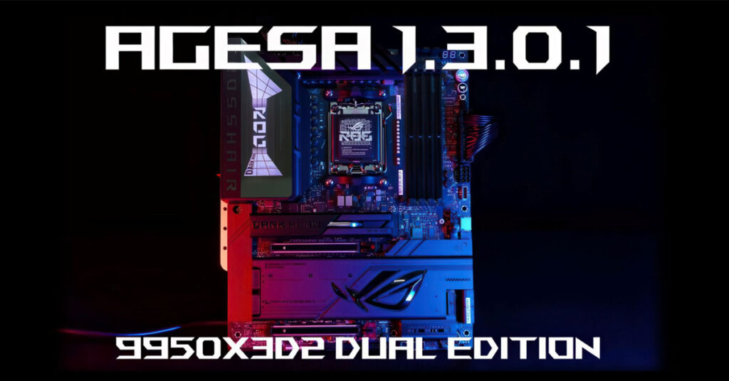 Placa base ROG con iluminación azul y roja, destacando el chipset AGESA 1.3.0.1 y el modelo 9950X3D2 Dual Edition.