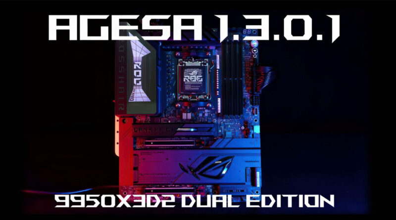 Placa base ROG con iluminación azul y roja, destacando el chipset AGESA 1.3.0.1 y el modelo 9950X3D2 Dual Edition.