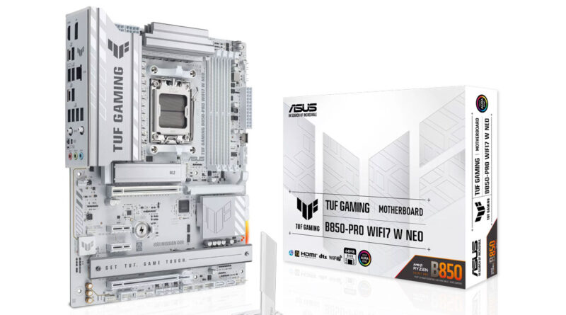 Placa base TUF Gaming Neo AM5 en color blanco, acompañada de su caja, mostrando detalles técnicos y el diseño del producto.