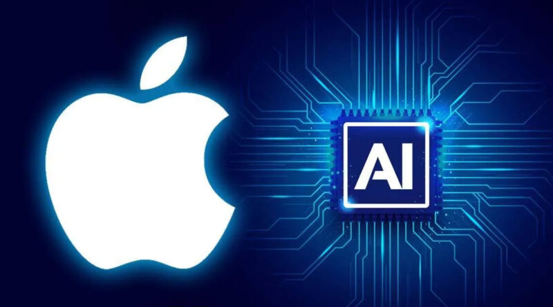 Logotipo de Apple en blanco sobre fondo oscuro, junto a un chip iluminado que contiene la inscripción "AI", representando la inteligencia artificial.