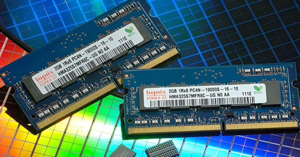 Módulos de memoria RAM sobre una superficie brillante con patrones de colores, destacando sus etiquetas y conectores dorados.