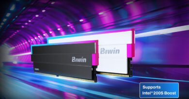 Módulos de memoria Black Opal DW100 DDR5 de Biwin en negro y blanco, con fondo colorido de luces moradas y azules.