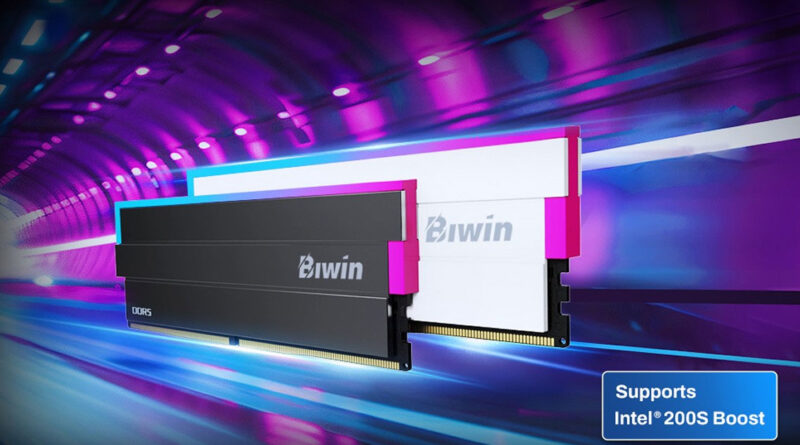 Módulos de memoria Black Opal DW100 DDR5 de Biwin en negro y blanco, con fondo colorido de luces moradas y azules.