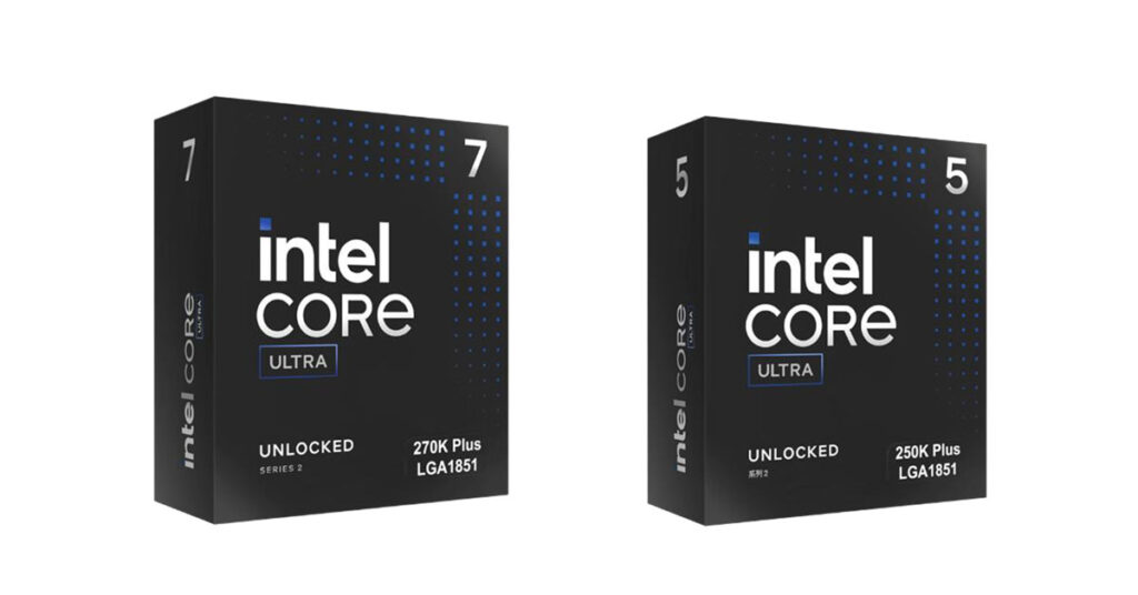 Cajas de procesadores Intel Core Ultra 200S Plus, modelos 7 y 5, con diseño negro y azul, mostrando el logotipo de Intel.