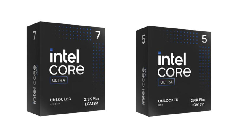 Cajas de procesadores Intel Core Ultra 200S Plus, modelos 7 y 5, con diseño negro y azul, mostrando el logotipo de Intel.