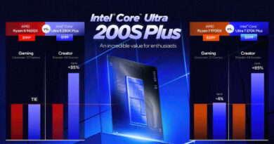 Gráfica comparativa entre procesadores Intel Core Ultra 200S Plus y AMD Ryzen 7000, destacando rendimientos en gaming y creación.
