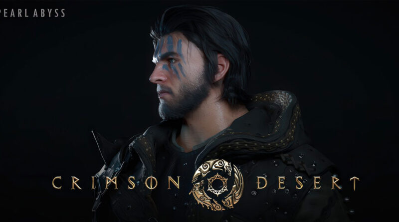 Personaje masculino con cabello oscuro y diseño facial marcado, vestido con una capa oscura, frente a un fondo negro, acompañado de logotipo de Crimson Desert.