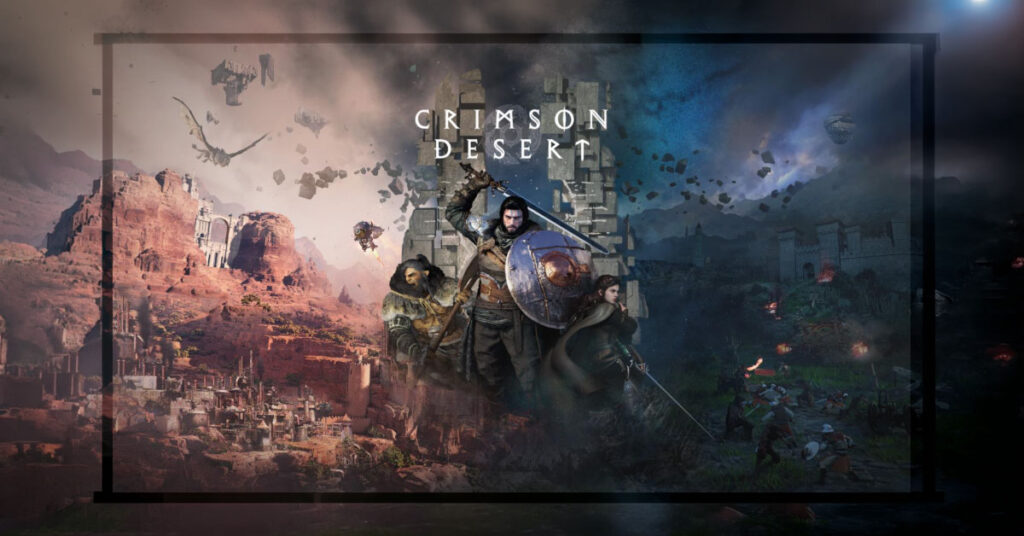 Fondo épico de Crimson Desert con personajes y paisajes desérticos, resaltando detalles en tonos marrones y azules.