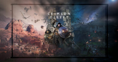 Fondo épico de Crimson Desert con personajes y paisajes desérticos, resaltando detalles en tonos marrones y azules.